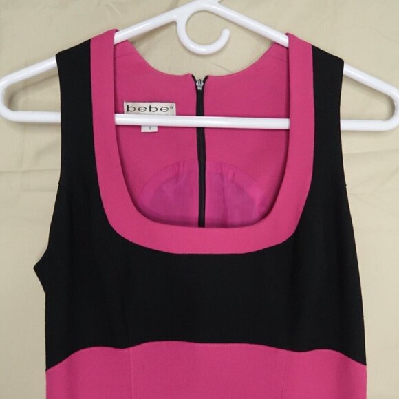 Vintage 90s Bebe Sleeveless Mini Dress Pink Black Wool A-Line Women's Size 4 - Picture 2 of 10